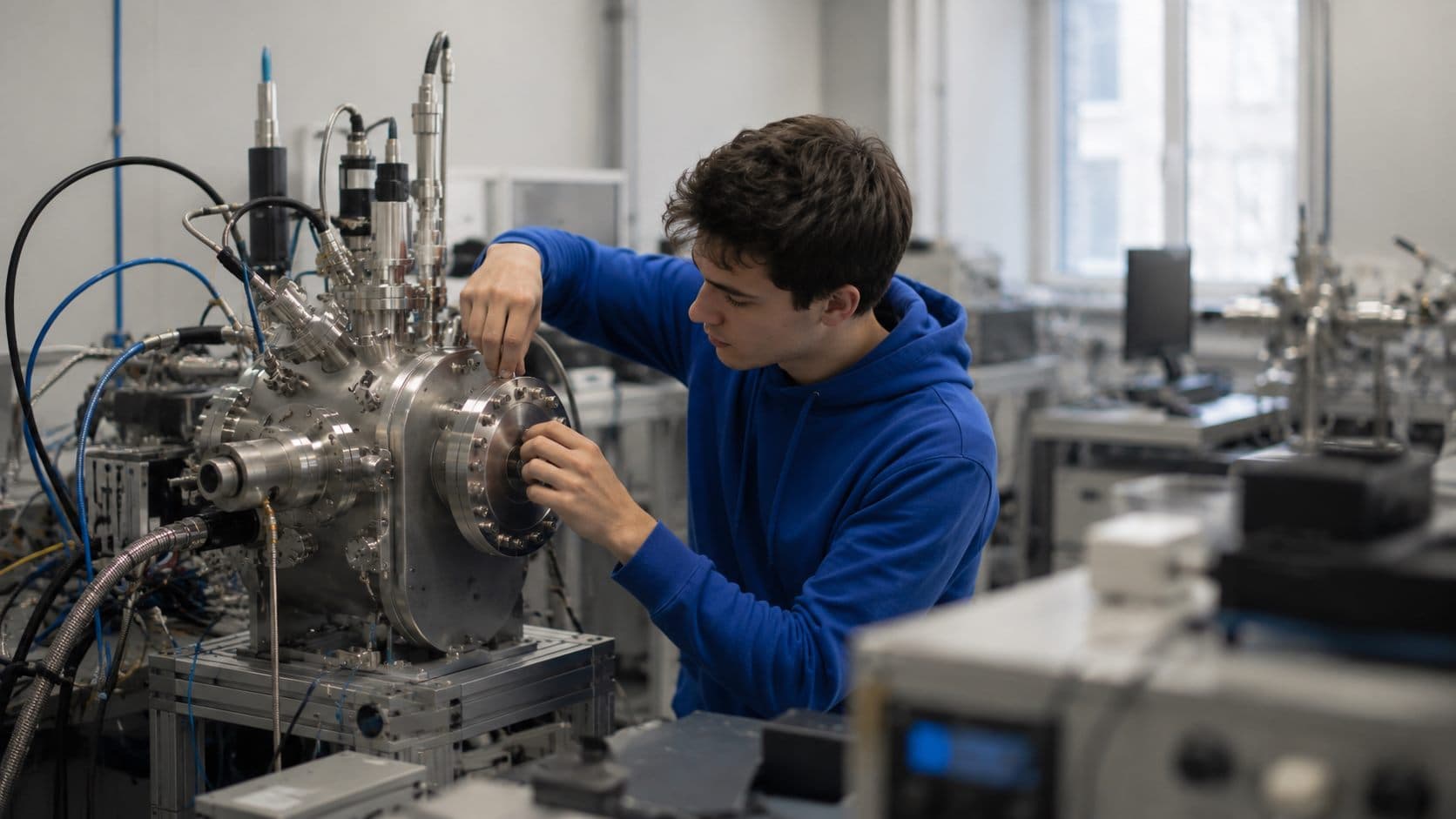 Студент настраивает вакуумную камеру в физической лаборатории